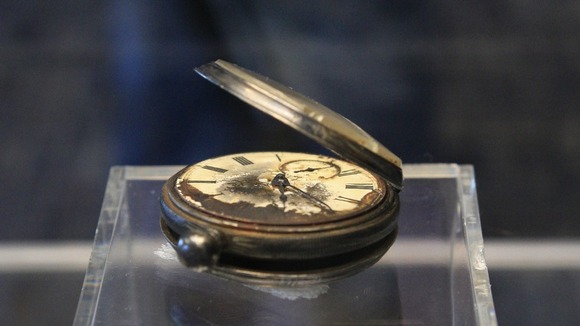 A pocket watch recovered from the RMS Titanic is on display during the Titanic Auction preview by Guernsey's Auction House in New York.