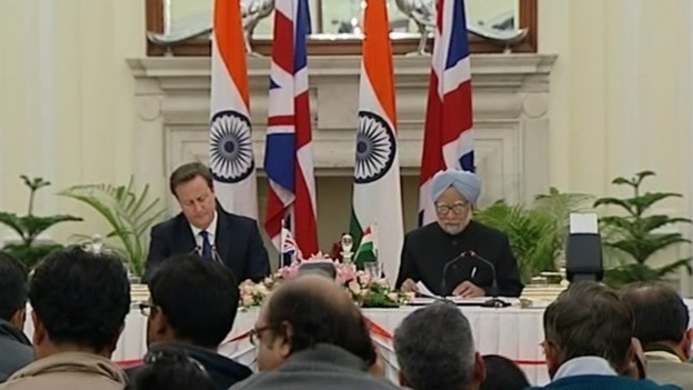 David Cameron and Prime Minister Manmohan Singh give a press conference