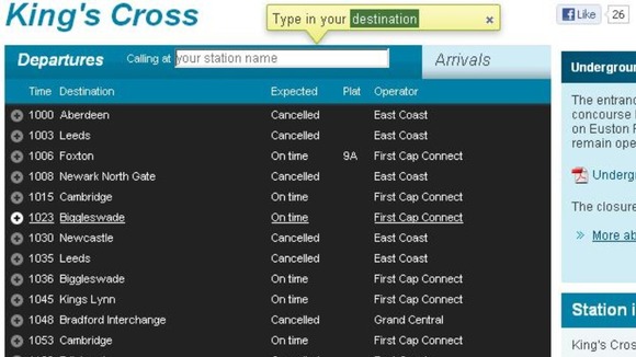 The departure board at King's Cross shows a large number of cancellations this morning