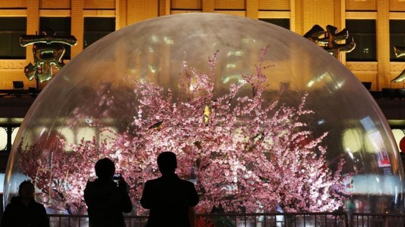Pedestrians look at a decoration of a cherry blossom tree displayed in a dome at a shopping district