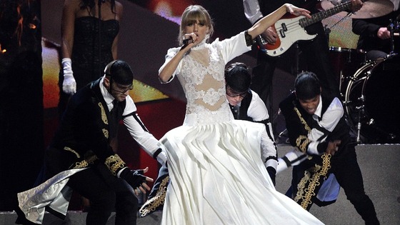 Taylor Swift performs during the 2013 Brit Awards at the O2 Arena, London.