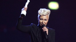 Emeli Sande holds her Brit Award for best British female