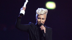 Emeli Sande holds her Brit Award for best British female