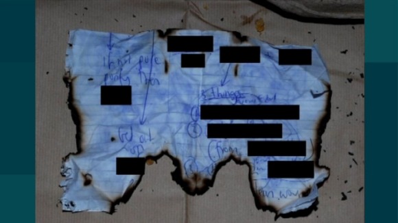 A burnt note detailing how to make a home made bomb