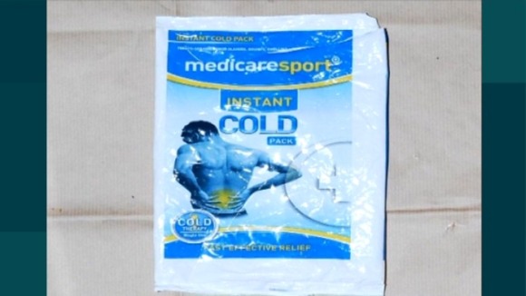 A sports coldpack wrapper found inside the house