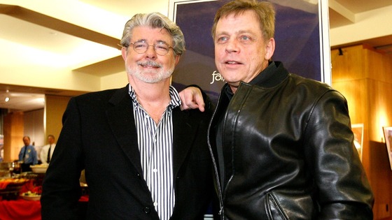 Writer and director George Lucas poses with Mark Hamill at the 30th anniversary screening of Star Wars