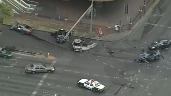 Several cars can be seen burnt out on the Las Vegas strip