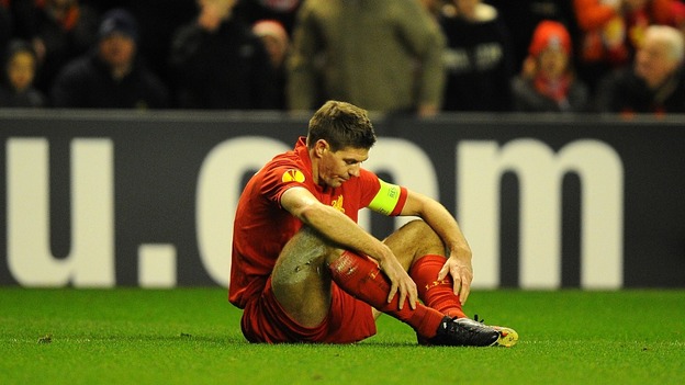 Liverpool skipper Steven Gerrard dejected after Hulk's opening goal