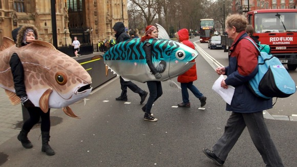 Campaigners marching outside Westminster to urge ministers to increase the number of'marine conservation zones.'
