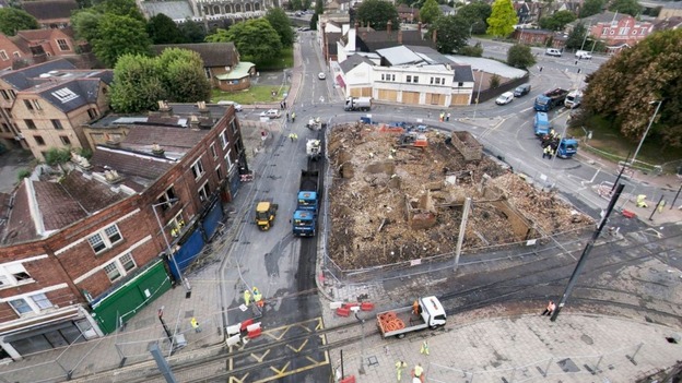 An aerial view of House of Reeves following its demolition.