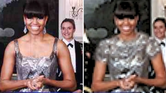 Michelle Obama announcing the Oscar for Best Picture, left, and right, after the Fars News Agency's digital makeover.