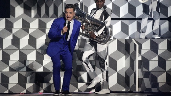 Robbie Williams pictured performing at Brit Awards last week.