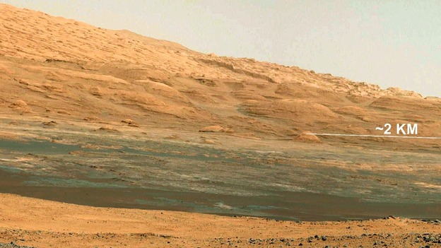 The view from the landing site of NASA's Curiosity rover toward the lower reaches of Mount Sharp on Mars