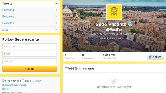 Benedict XVI's tweets have been deleted and the @Pontifex account has the Latin phrase for 'seat being vacant'.