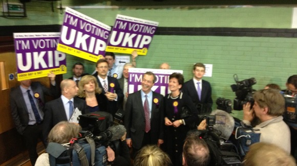 Nigel Farage with other UKIP campaigners at the count