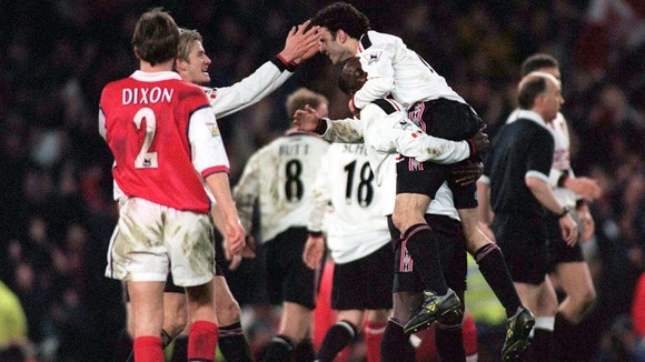 April 1999. Giggs celebrates with teammates after final whistle of FA cup semi final.
