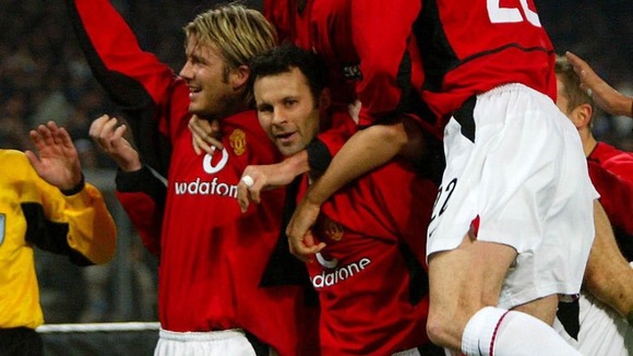 Giggs celebrates scoring against Juventus in February 2003.