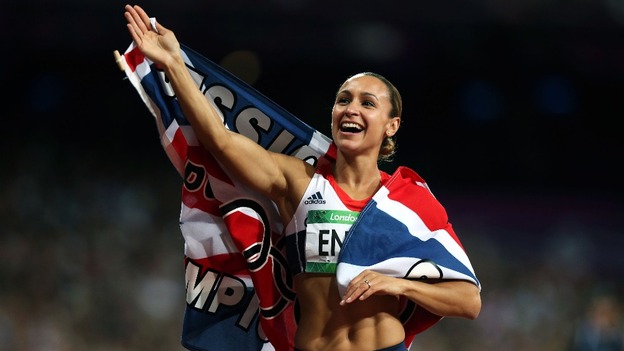 Jessica Ennis celebrating her Olympic Heptathlon gold at London 2012.