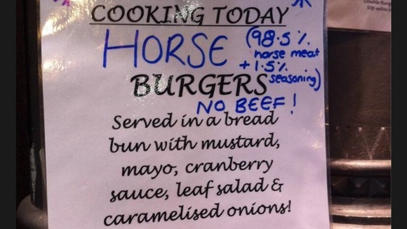 Horse burgers on sale in Borough Market, London