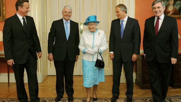 The Queen with Prime Minister David Cameron and the former Prime Ministers John Major, Tony Blair and Gordon Brown