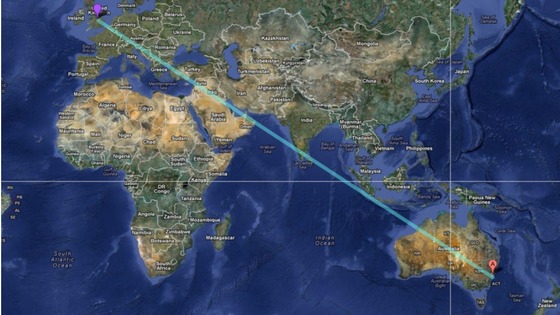 The possible route of the balloon from Derby to Sydney