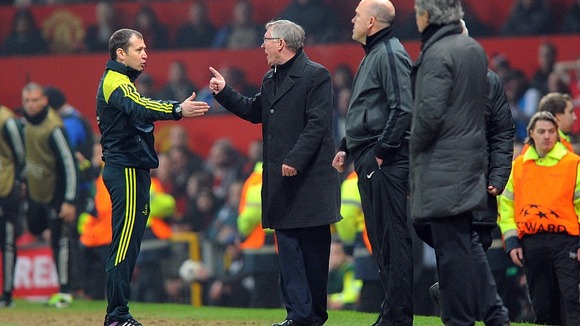 Manchester United's manager Sir Alex Ferguson protests after Luis Nani is sent off