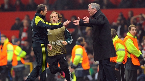 Sir Alex Ferguson argues with match officials after Nani is sent off