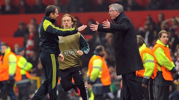 Sir Alex Ferguson argues with match officials after Nani is sent off