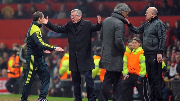 An angry Sir Alex Ferguson protesting after Luis Nani's sending off