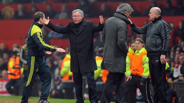 An angry Sir Alex Ferguson protesting after Luis Nani's sending off
