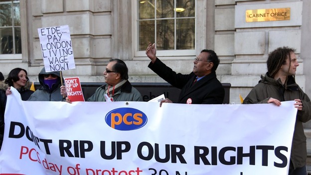 PCS members protested against budget cuts at Whitehall in November