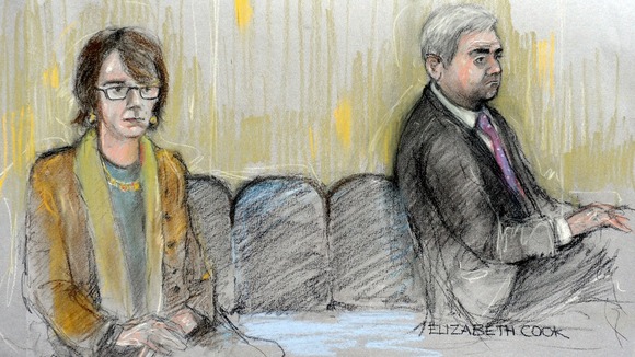 Court artist drawing of former energy secretary Chris Huhne and his ex-wife Vicky Pryce appearing in court together