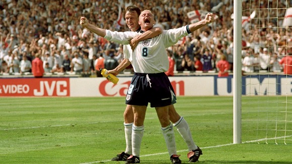 Ex-England footballer Paul Gascoigne after scoring for his country at Wembley.