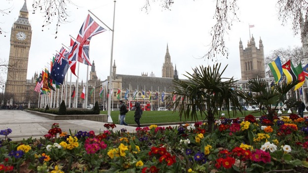 Flags of the Commonwealth fly around Parliament Square to mark Commonwealth Day