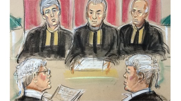 Robin Tam QC, left for the Home Office and Abu Qatada's lawyer, Edward Fitzgerald QC on the right, seen before the Appeal Court Judges.
