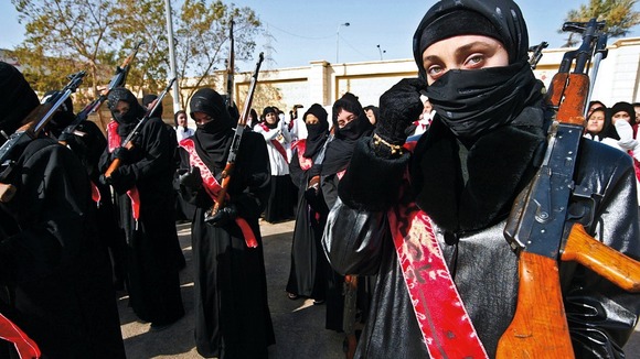 Woman are seen holding weapons