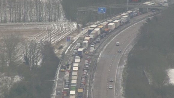 Lorries and cars are left grid locked because of the poor weather
