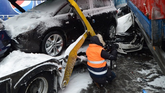 Wrecked cars and lorries.