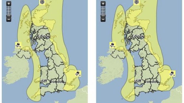 The Met Office issued 'yellow' warnings of severe weather for today and tomorrow.