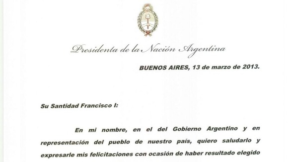 The card that President Cristina Kirchner sent to Pope Francis congratulating him on his appointment