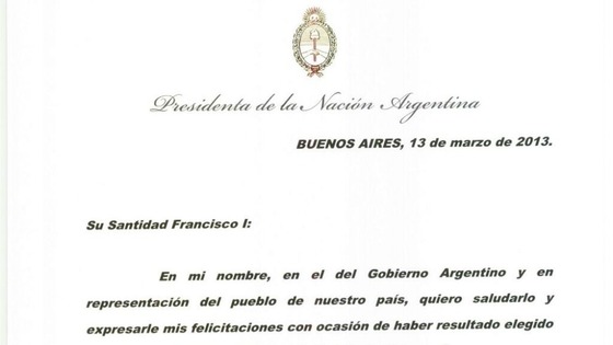 The card that President Cristina Kirchner sent to Pope Francis congratulating him on his appointment