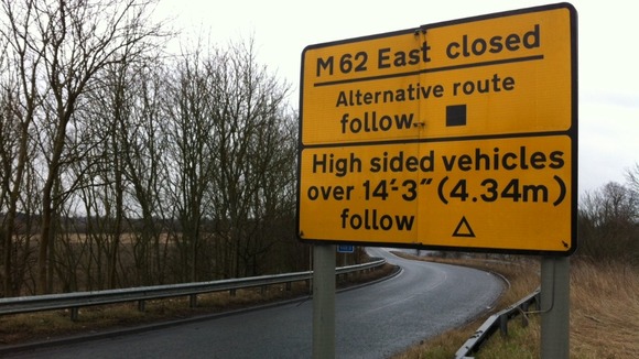 A sign diverting drivers on the M62