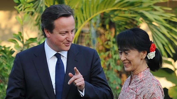 Prime Minister David Cameron meets Aung San Suu Kyi at her Lakeside Villa in Rangoon, Burma