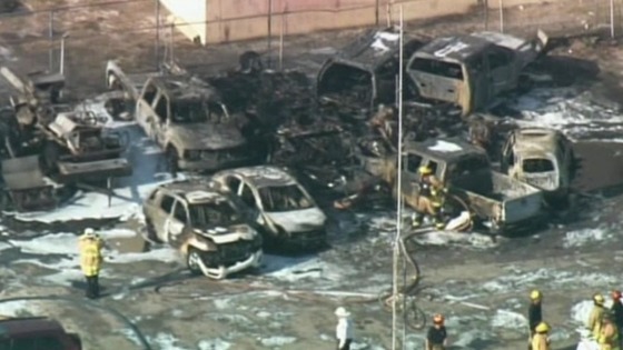 The cars that were hit by the airplane