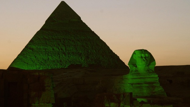 The pyramids and Sphinx in Giza, Egypt lit up green for St. Patrick's Day