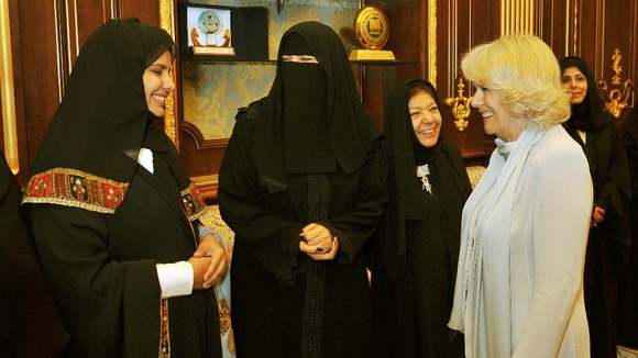 The Duchess of Cornwall talks to some of the first women MP's to sit in the Shura parliament building in Riyadh
