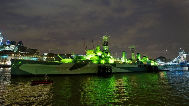 HMS Belfast lit green for St Patrick's Day