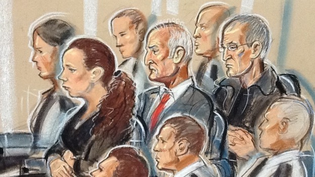 Mairead Philpott (2nd from L) in court today with husband Mick Philpott seated behind