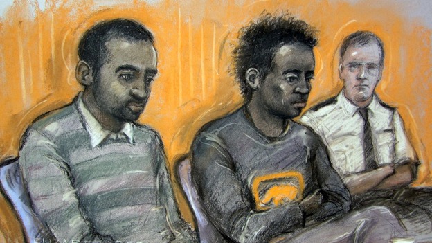 Court drawing of Kevin Liverpool (L) and Junior Bradshaw in the dock at Exeter Crown Court