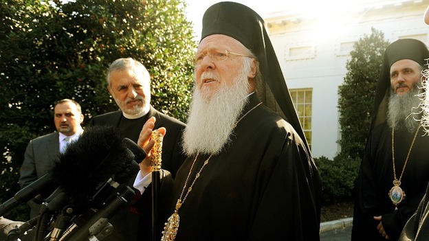 His Holiness Bartholomew I talks to the press after a meeting with President Obama at the White House in 2009